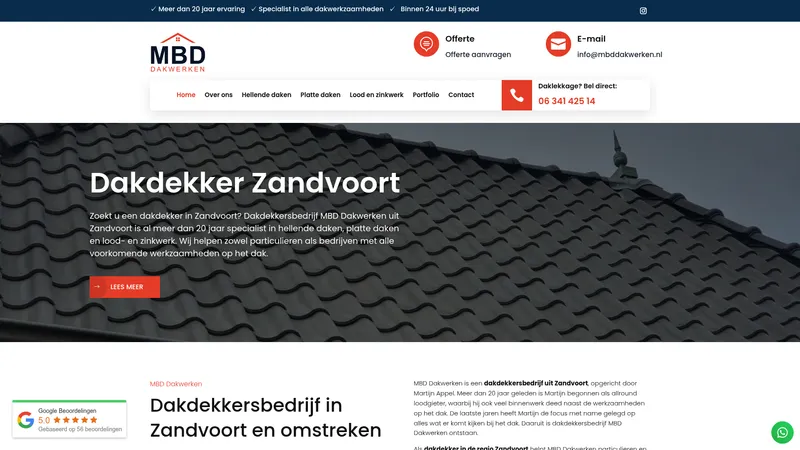 Website van Dakdekkersbedrijf MBD Dakwerken