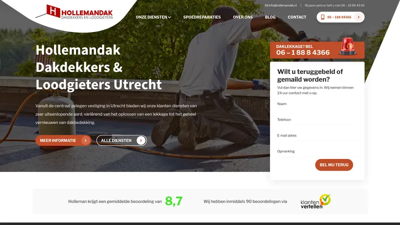 Website van Holleman Dakdekkers & Loodgieters Utrecht