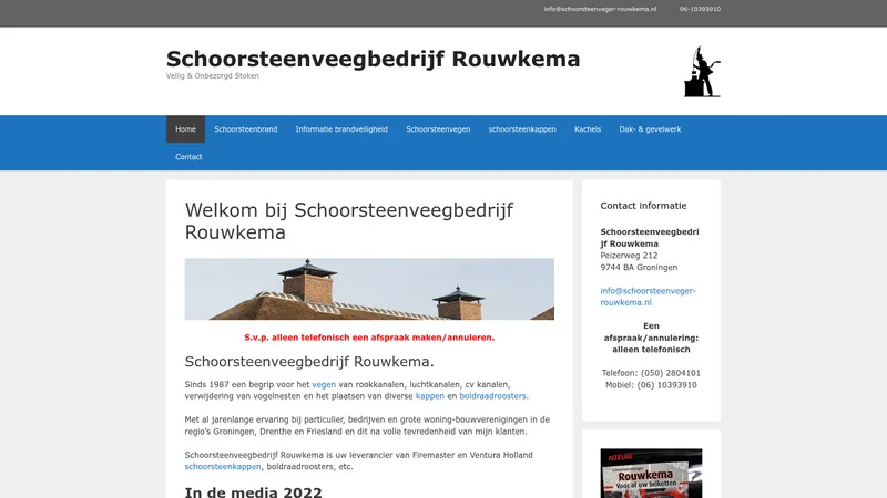 Website van Rouwkema Schoorsteenveegbedrijf