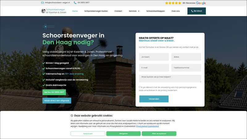 Website van Schoorsteenvegersbedrijf M-Kwarten & Zonen