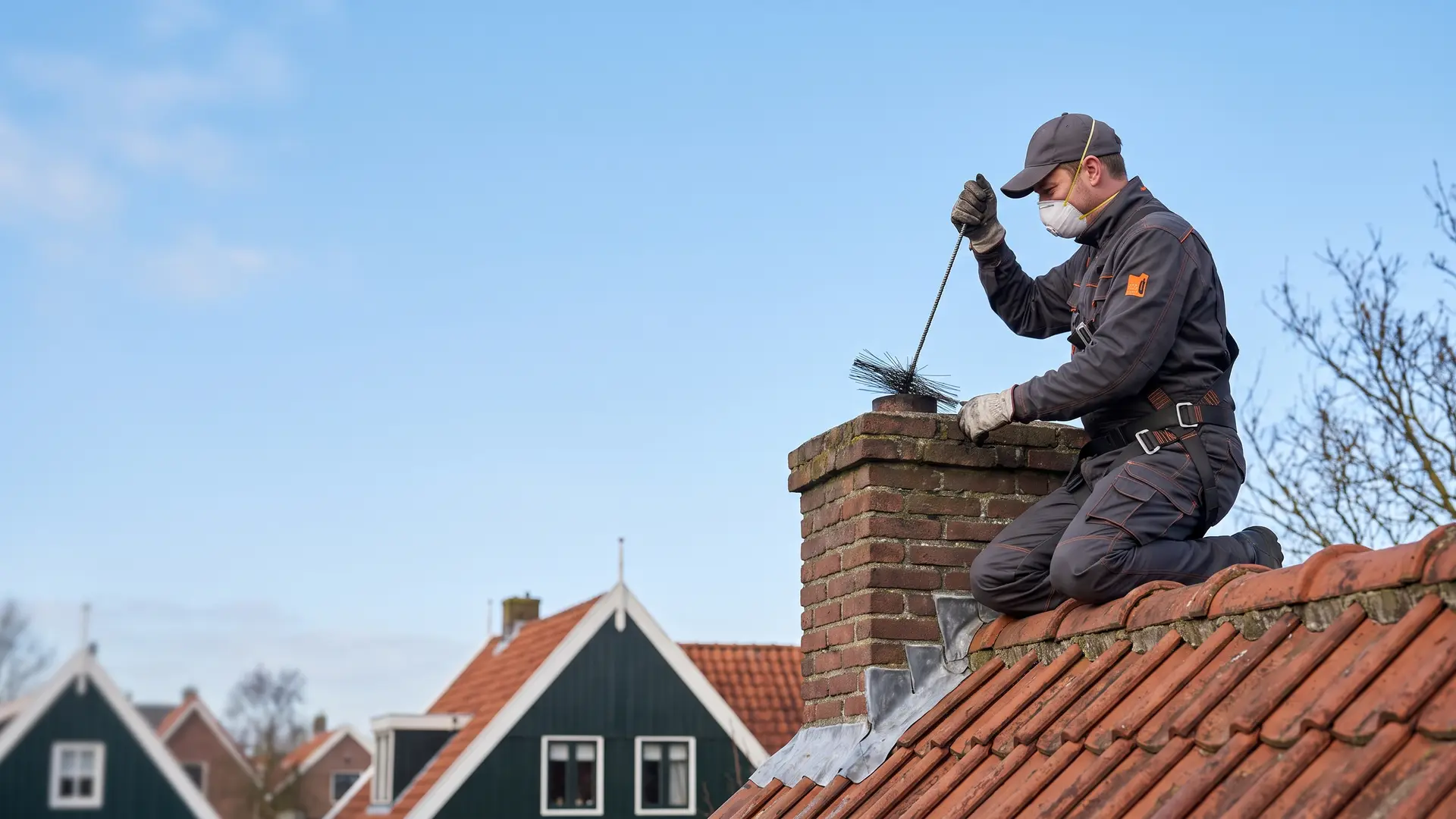 Schoorsteenveger aan het werk op een Nederlands dak
